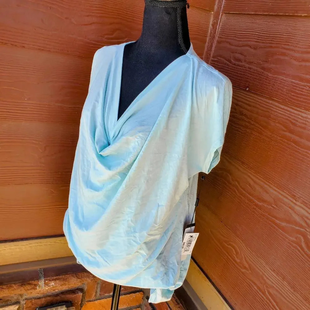 NWT Donna Karan Active Women's V-Neck Drape Front Tee Blue Glow Medium